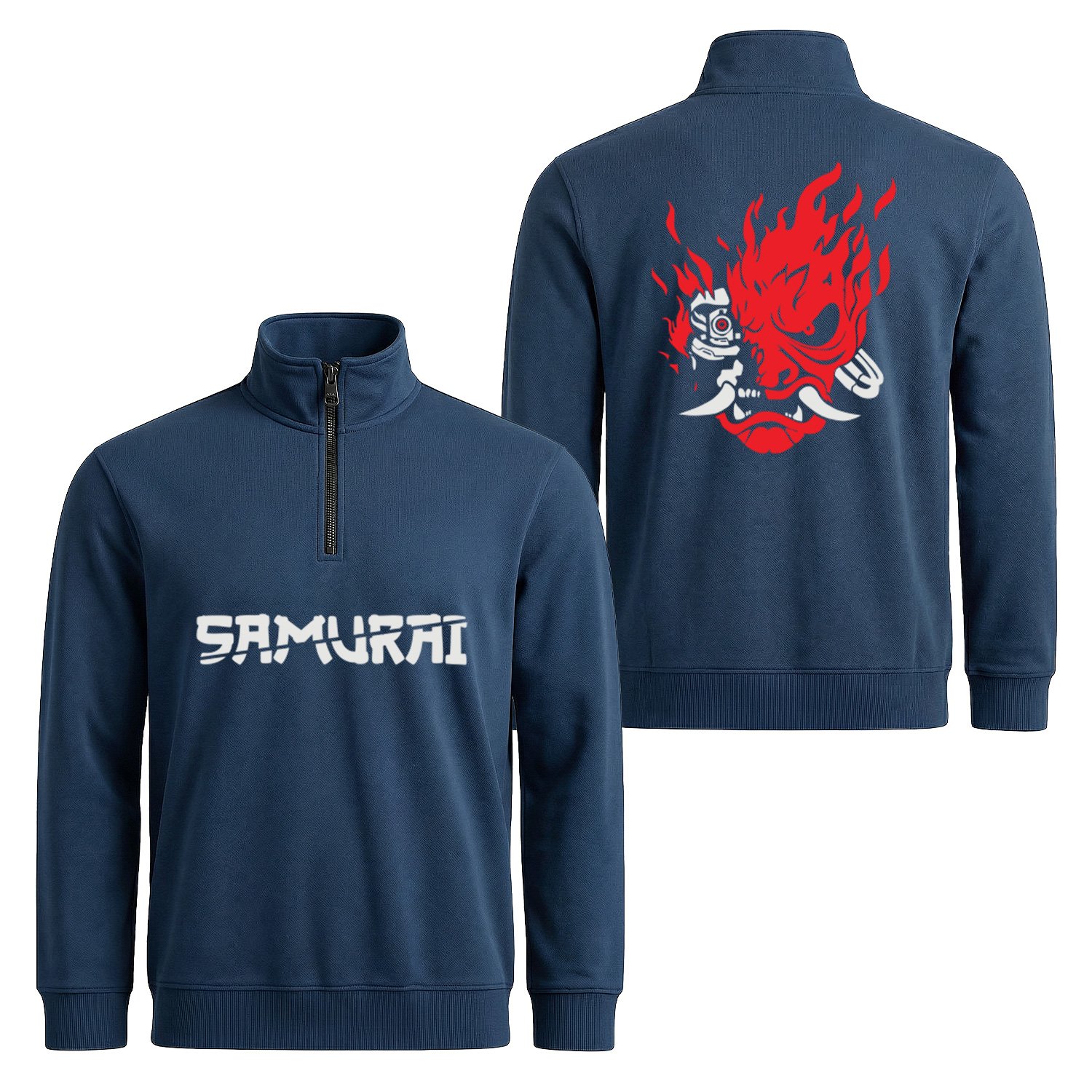 Wake Up, Samurai | CYBERPUNK Yarım Fermuarlı Sweatshirt XL - İndigo Mavisi