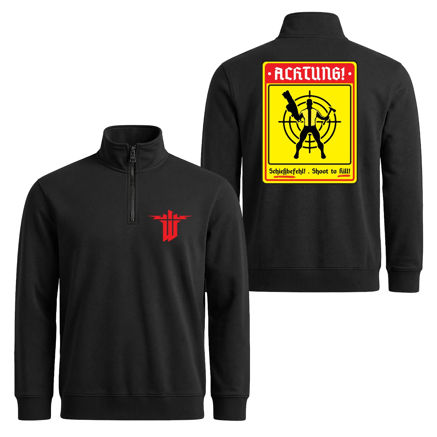 Achtung Schießbefehl! | Wolfenstein Yarım Fermuarlı Sweatshirt S - Siyah
