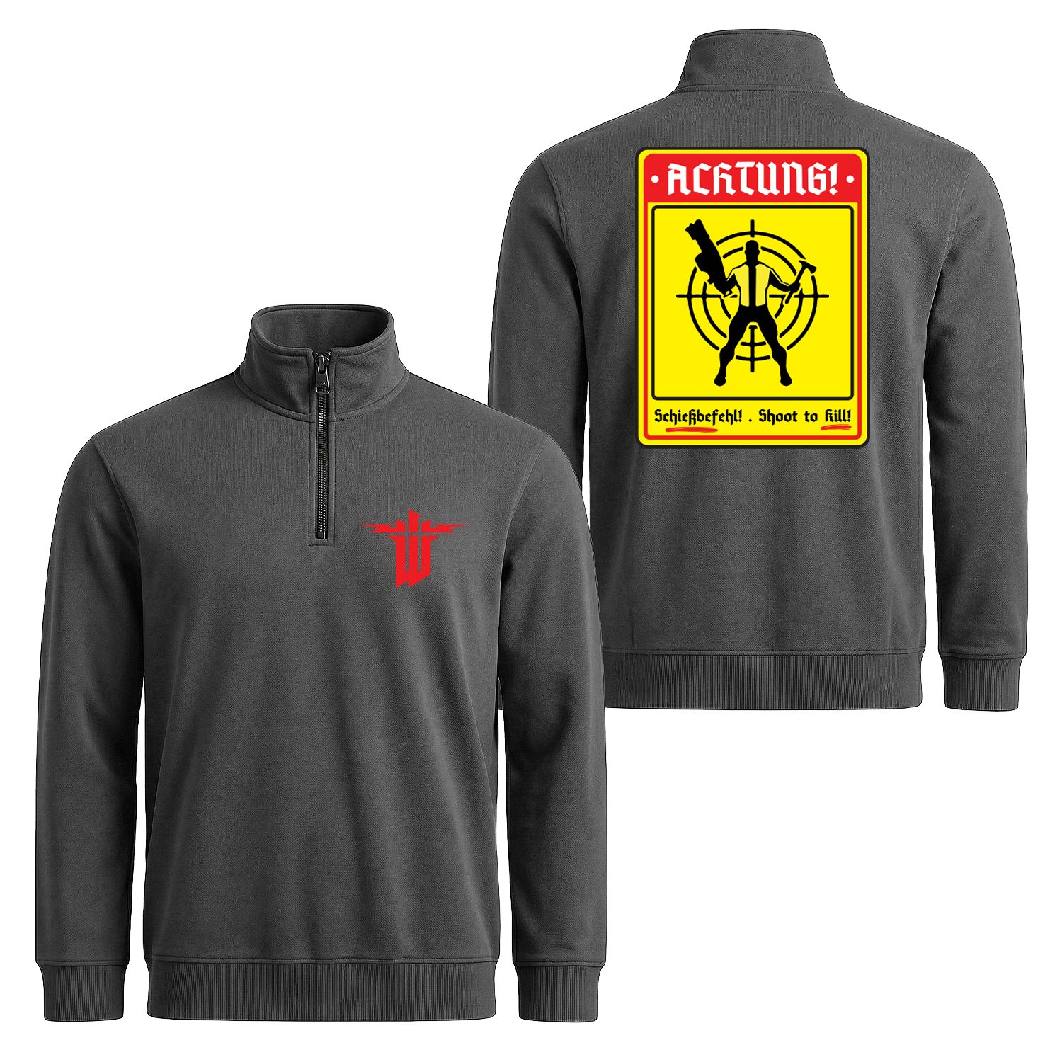 Achtung Schießbefehl! | Wolfenstein Yarım Fermuarlı Sweatshirt XL - Füme