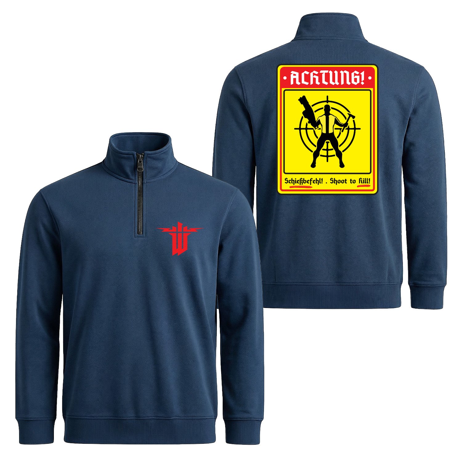 Achtung Schießbefehl! | Wolfenstein Yarım Fermuarlı Sweatshirt S - İndigo Mavisi