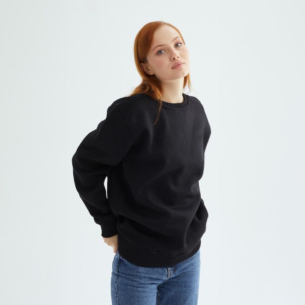 Baskısız Düz Casual Sweatshirt L - Siyah