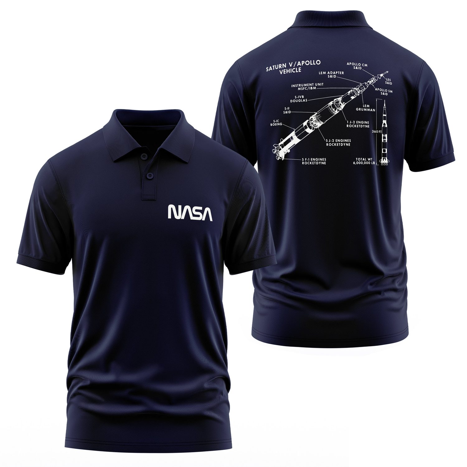 NASA Saturn V Diagram Polo Tişört S - İndigo Mavisi