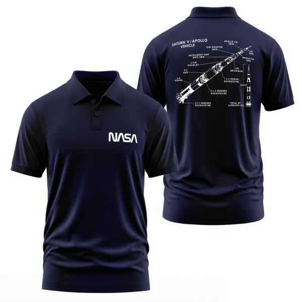 NASA Saturn V Diagram Polo Tişört S - İndigo Mavisi