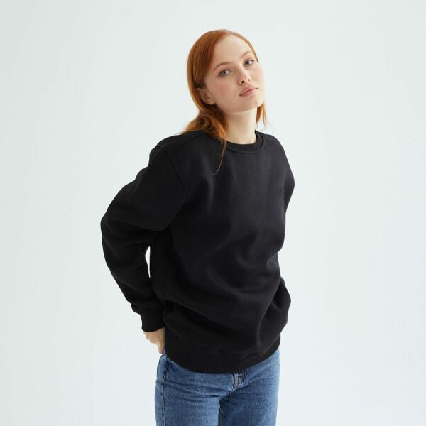 Baskısız Düz Casual Sweatshirt XXL - Siyah