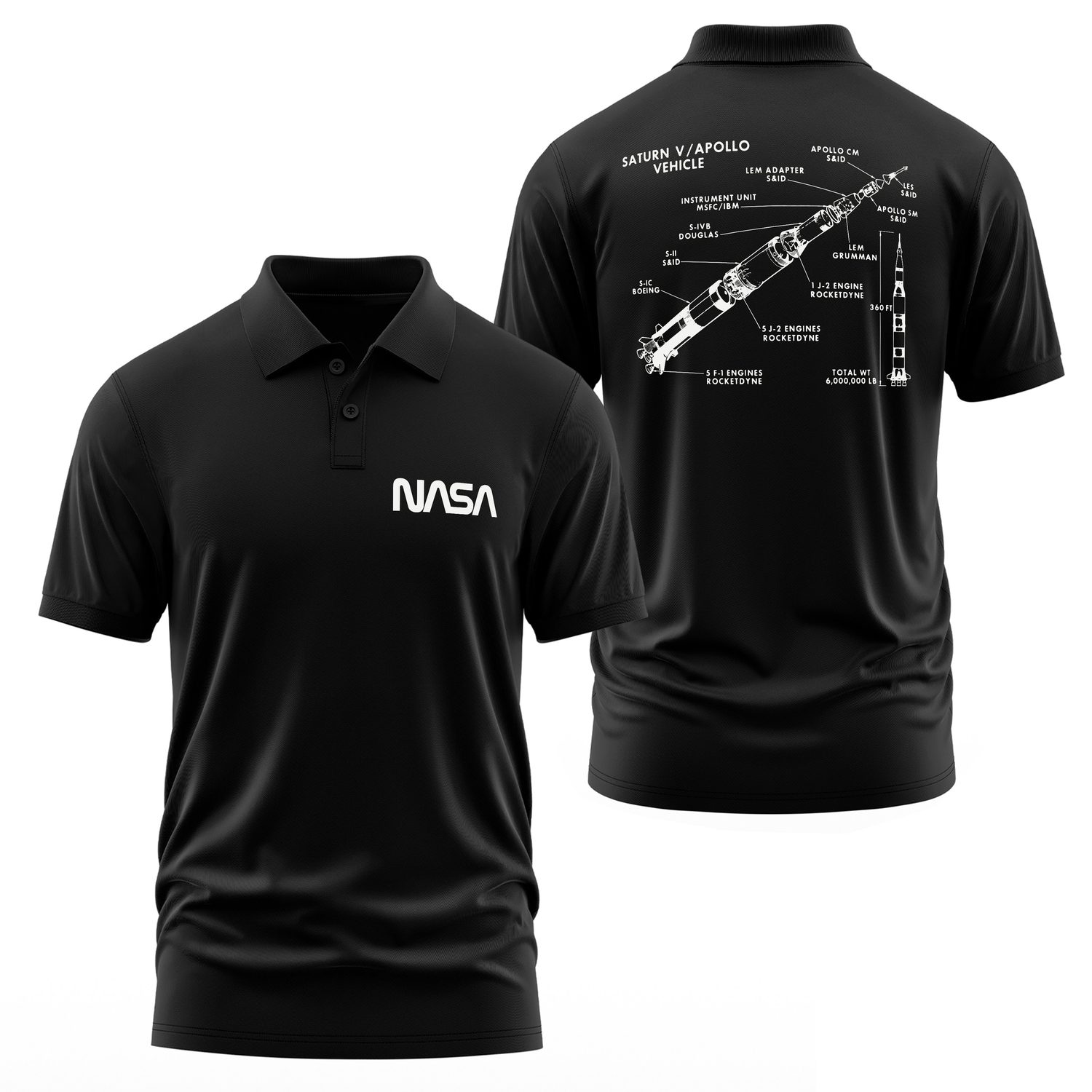 NASA Saturn V Diagram Polo Tişört L - Siyah