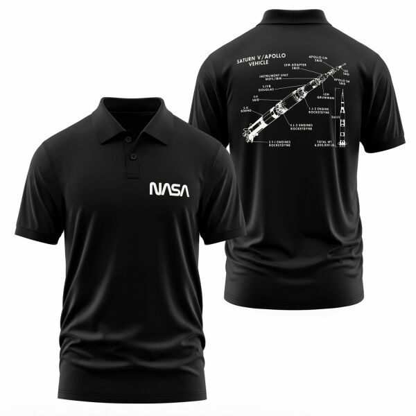 NASA Saturn V Diagram Polo Tişört L - Siyah