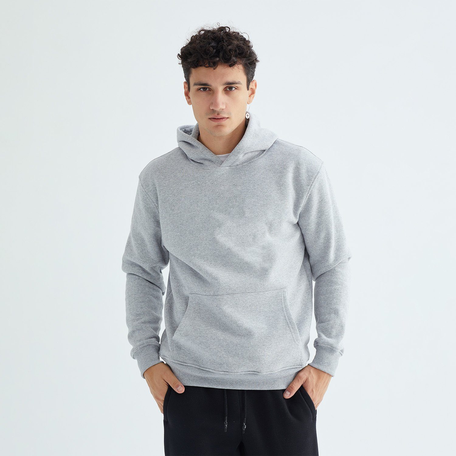 Baskısız Düz Casual Hoodie L - Gri
