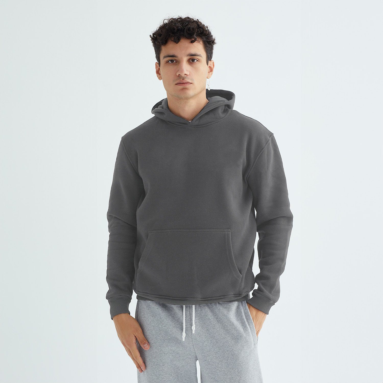 Baskısız Düz Casual Hoodie S - Füme
