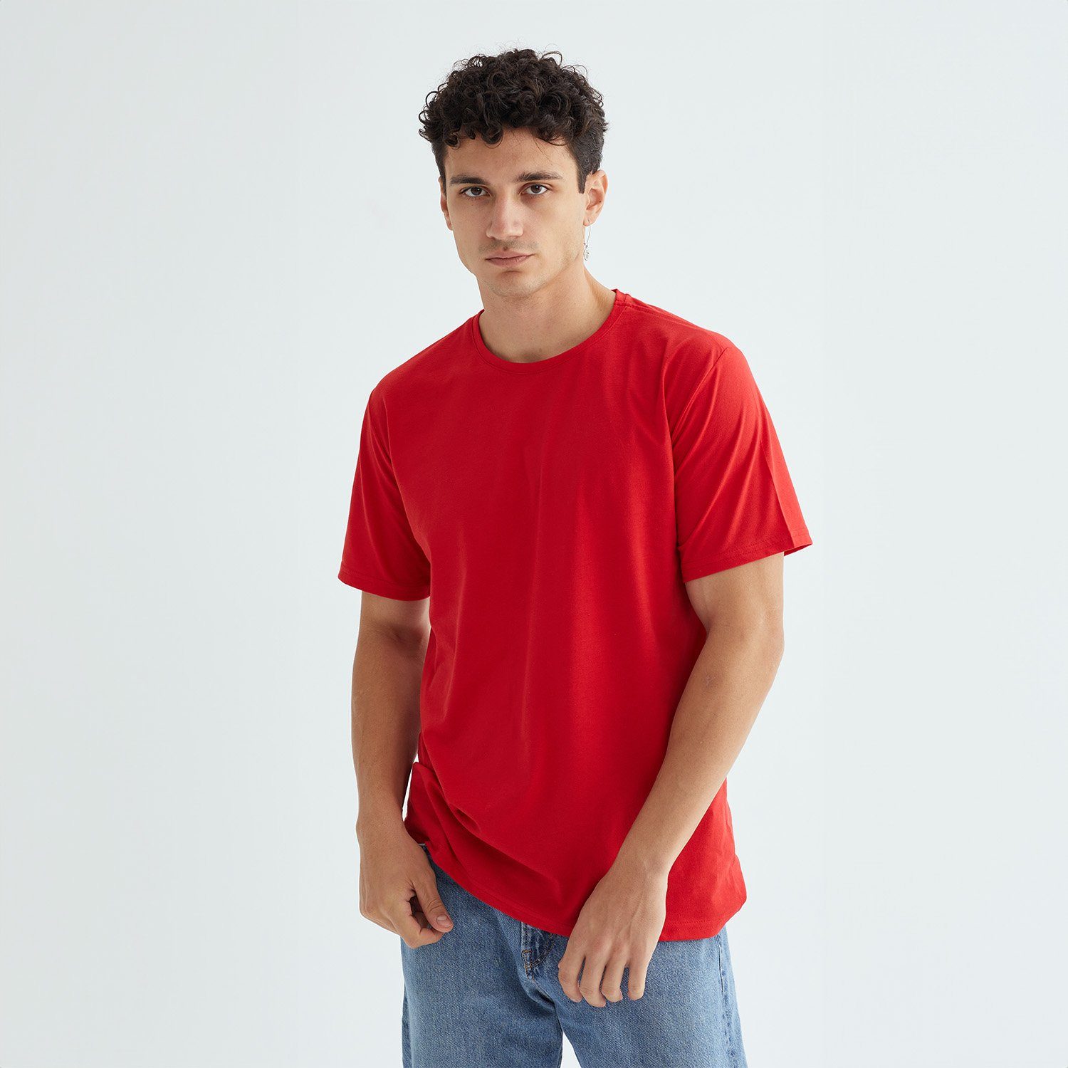 Baskısız Düz Casual Tişört L - Kırmızı