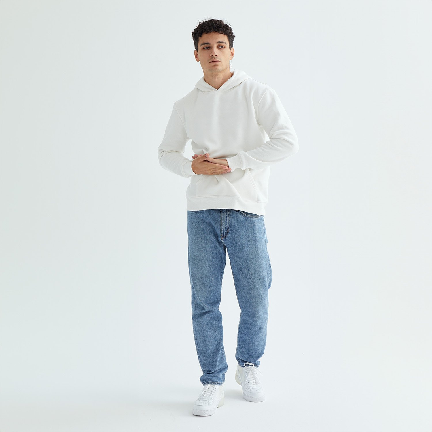 Baskısız Düz Casual Hoodie L - Beyaz
