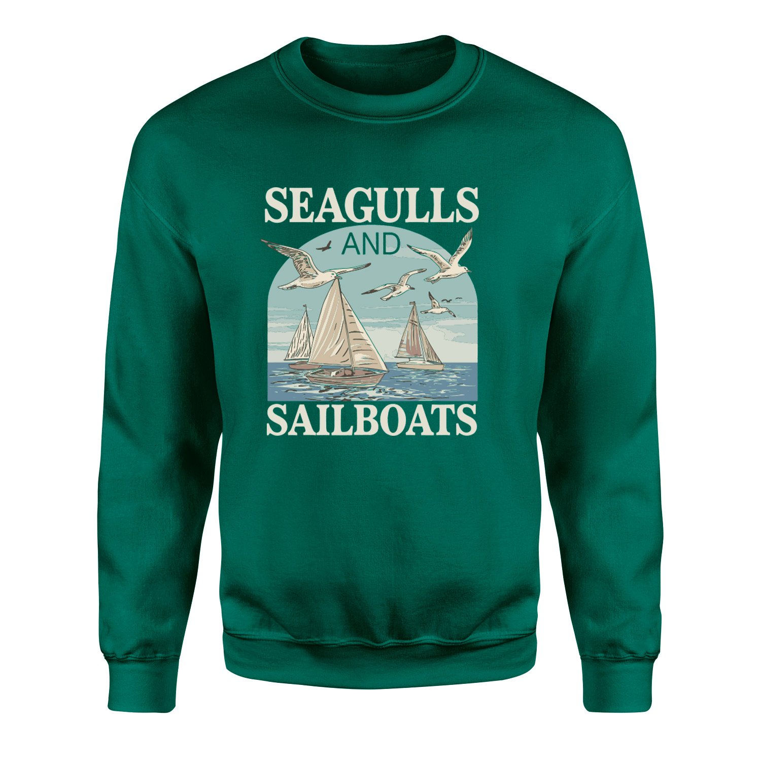 Seagulls and Sailboats Sweatshirt L - Nefti Yeşili