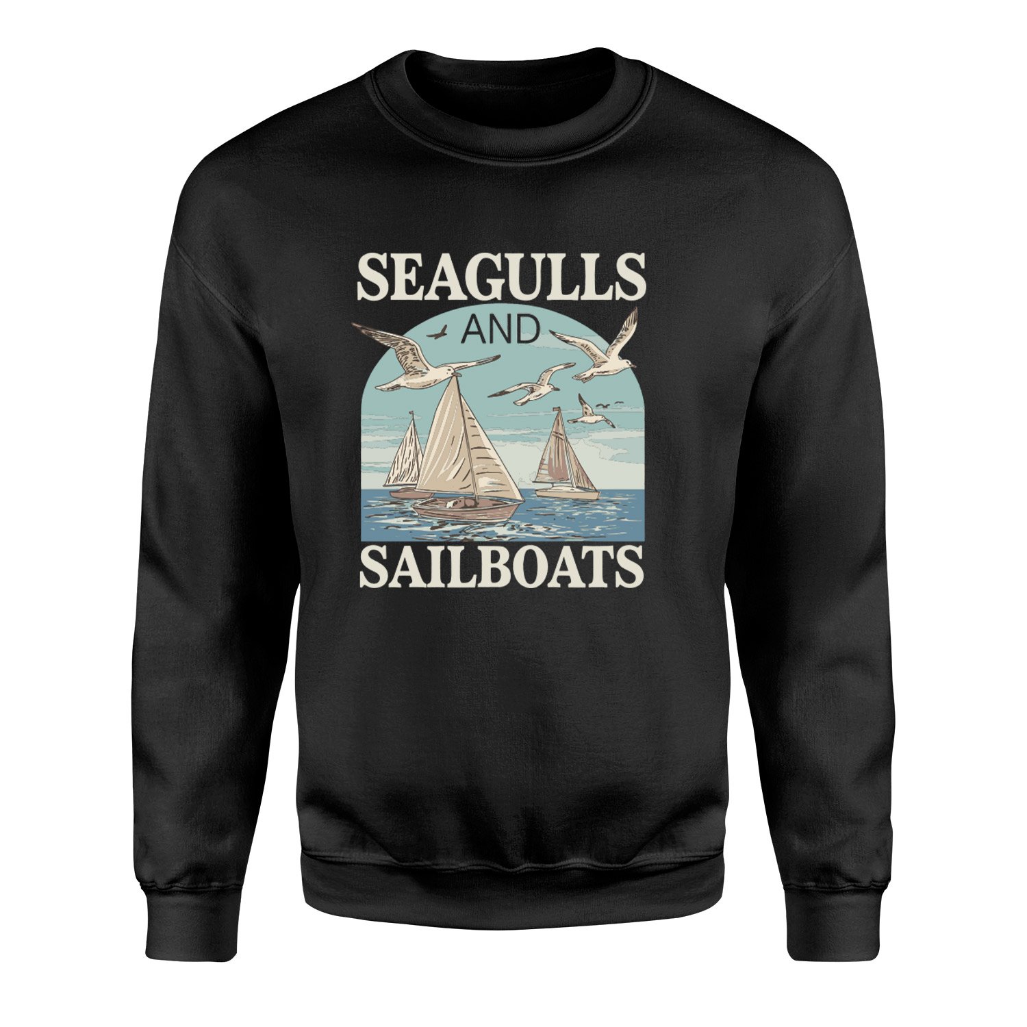 Seagulls and Sailboats Sweatshirt XL - Siyah