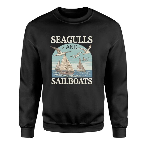 Seagulls and Sailboats Sweatshirt XL - Siyah