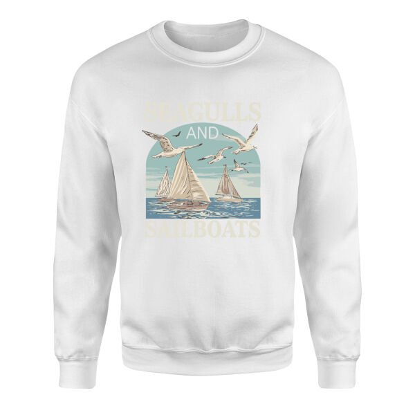 Seagulls and Sailboats Sweatshirt XL - Beyaz