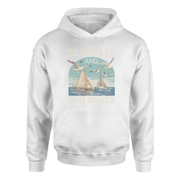 Seagulls and Sailboats Hoodie XL - Beyaz
